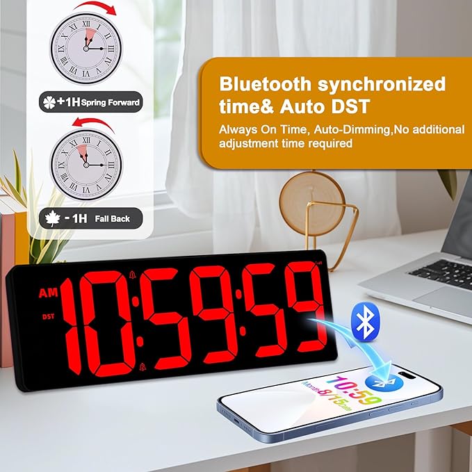 17.2" Bluetooth Digital Wall Clock with Seconds, Large Countdown Timer for Classroom Home Gym Kitchen Office, Alarm Clock with Remote Control, 4 Dimmable Brightness, Auto DST (Red)