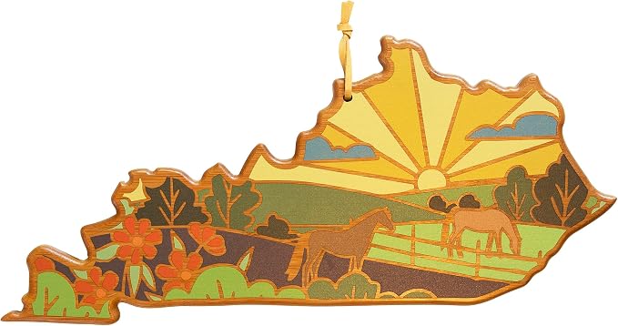 Totally Bamboo Kentucky State Shaped Cutting Board, Summer Stokes Art | State charcuterie board with colorful hand-drawn landscape art. Smooth reverse side for food prep. Hang tie for wall display.
