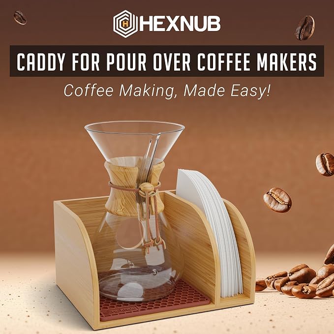 Pour Over Caddy for Chemex Bodum Cosori Coffee Makers Brown | Handmade Bamboo Stand, Filter Holder, Heatproof Mat for a Cleaner Coffee Station
