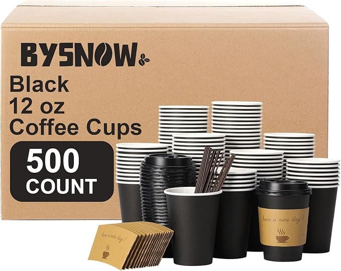BYSNOW 500 pack 12 oz Bulk Disposable Coffee Cups with Lids Hot Paper Cups | To Go Insulated Coffee Cups for Home, Office, Cafes and Party (Black 12oz)
