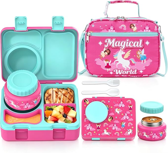 Bento Box for Kids, Leakproof Kids Lunch Box with 8.5OZ Thermo Food Jar & Lunch Bag, 3-4 Compartments Toddler Insulated Lunch Box for Girls, BPA Free Lunch Containers for School Daycare