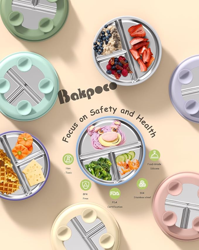 Bakpoco 8" Stainless Steel Toddler Plates with Suction, Divided Plates with Removable Silicone Sleeves for Baby, Non Toxic & BPA Free |Unbreakable |Dishwasher Safe Dinnerware Set of 3, Blue Gray Sage