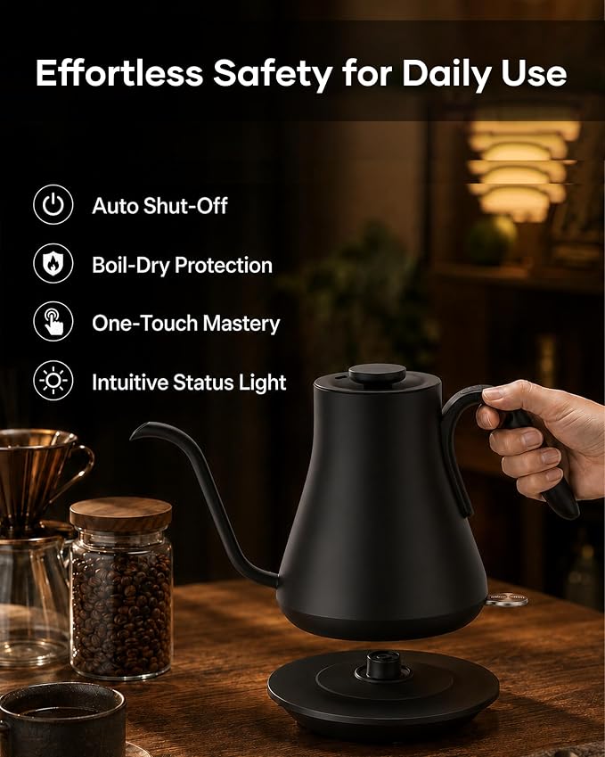 Cocinare Gooseneck Electric Kettle 0.8L, Fast Boil Pour Over Coffee, Tea | 1440W Fast Boil, 304 Stainless Steel Interior, Gooseneck Precision Spout, Auto Shut-Off & Boil-Dry Protection, Matte Black