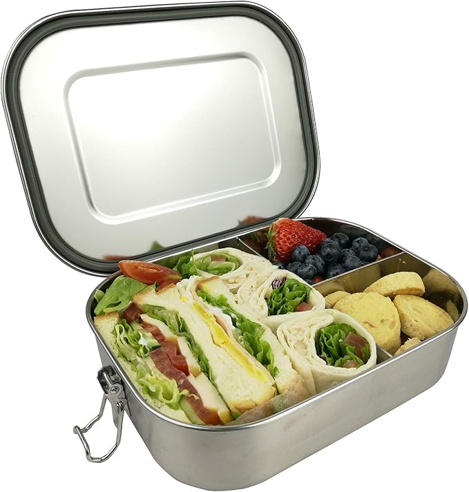 UPTRUST Stainless Steel Bento Box for Kids, 3-Compartment (47oz/1400ML) | Metal Bento Lunch Box for Kids or Adults, 3 Compartment Packing Box for Work Lunch