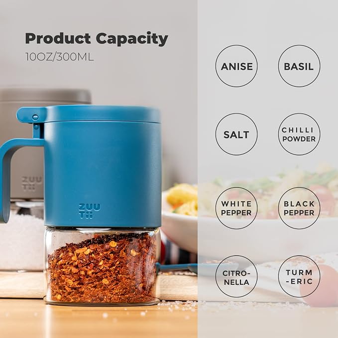 Zuutii Glass Spice Jars Moisture-Proof Spice Containers with Spoons, Set of 2 10oz/300ml Spice Bottles, Mini Seasoning Storage Jars with Flapper Caps for Salt, Sugar, Peppers, Chili in Kitchen Blue