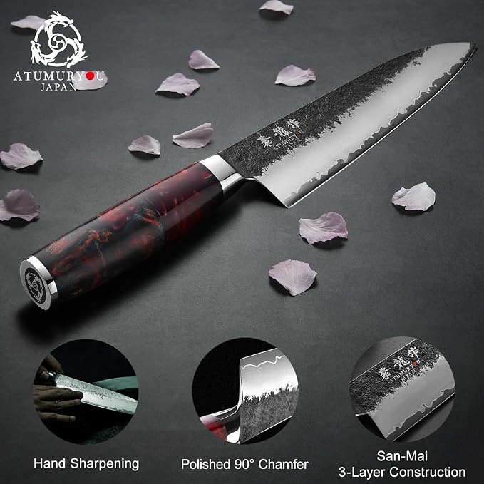8.27 Inch Japanese Gyuto Chef Knife, Black Forged 3-Layer VG10 Steel Core | San-Mai High Carbon Stainless Steel, Kurouchi Forged Finish, For Home & Kitchen, Resin Wood Handle, Premium Gift Box