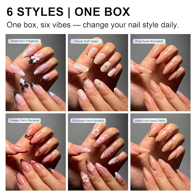 Press on Nails, 6 Packs (144 Pcs) Short Almond French Sets, 3D Floral | 6-Style 12 Sizes, Glossy, Salon Quality, Reusable Full Cover, Cute Cherry Polka Dot Fake Nails