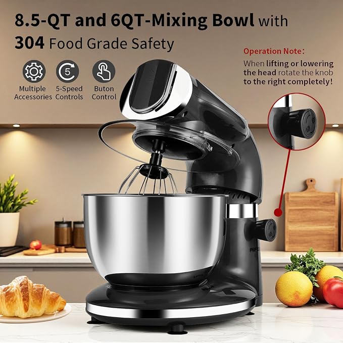 Stand Mixer, 8.5QT+ 6QT Two Stainless Steel Bowls Electric Food Mixer Black | 7 in 1 Multifunctional Kitchen Mixer with Dough Hook, Whisk, Beater, Meat Grinder,Pasta & Cookie Maker