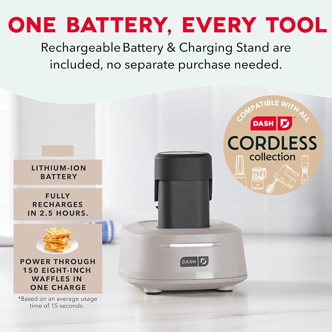 Dash Cordless Hand Mixer, Beaters & Dough Hooks, French Grey | Handheld Electric Mixer for Baking, Whipping Cream, Cookie Dough & Cake Batter, Turbo Button, Rechargeable
