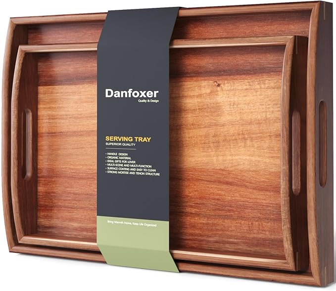 Acacia Wood Set of 2 Serving Trays with Handles Decorative Tray | 2 Pack, Decorative Trays, for Coffee Table, Kitchen Counter, Breakfast, Party