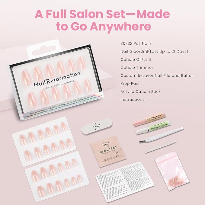 Nail Reformation Press On Nails, Milk Dots | Polka Dot Short Almond 32 Pcs | 16 Sizes Fake Nails on Pink Shimmer Base in Glossy Finish, Reusable Stick On False Nail Kit with Glue, Gifts for Women
