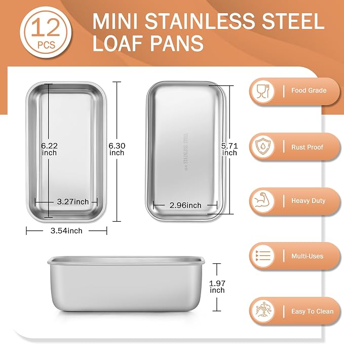 TeamFar Mini Loaf Pan, 12 PCS Stainless Steel Loaf Pans for Baking Bread | 6.3 x 3.5 Inch Bread Baking Pan for Homemade Bread, Meatloaf, Cake and Brownies, Non-Toxic, Oven & Dishwasher Safe