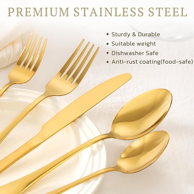 Astercook 24-Piece Silverware Set with Steak Knives Gold Flatware Set for 4 Food-Grade Stainless Steel Cutlery Set Mirror Polished Utensils Set Include Spoons and Forks for Home Kitchen Restaurant
