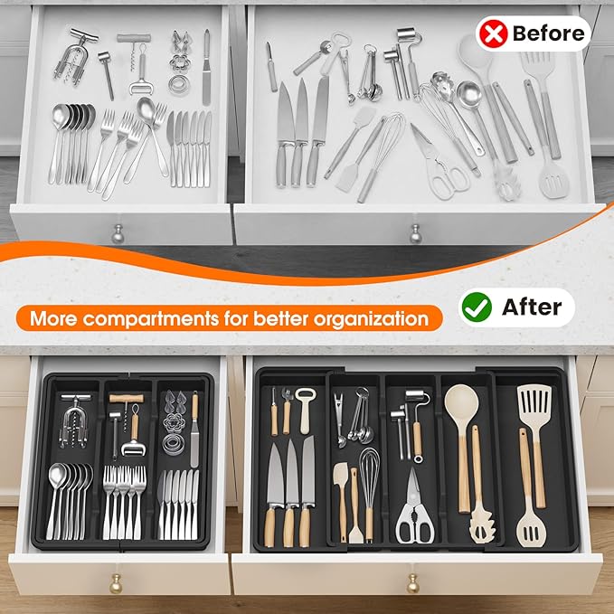Large Expandable Silverware Drawer Organizer, Utensil Tray | Kitchen Drawer Organizer for Spoons/Forks/Knives, Multipurpose & BPA Free Cutlery Tray(2 Pack, Black)