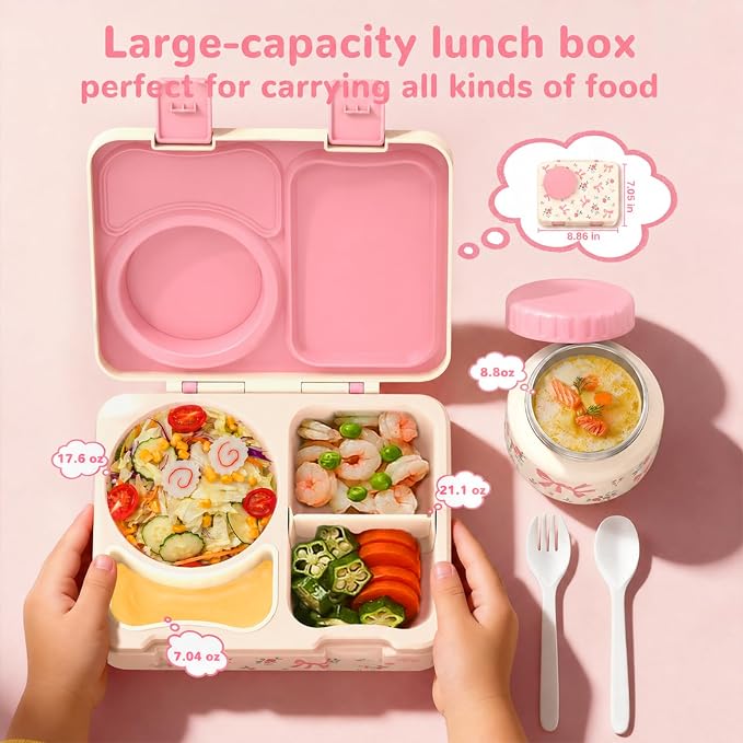 Kids Insulated Lunch Box with 8OZ Thermo Food Jar | Leakproof Bento Box with Ice Pack Sauce Cup Utensils Removable Tray & Dividers for School Daycare Travel, Floral Bows