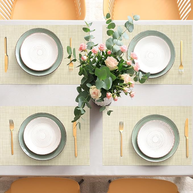 AUAUY Placemats Set of 6, Non-Slip Heat Resistant Table Mats, Beige | 6pcs PVC Vinyl Woven Table Placemats Washable for Kitchen Dinning Restaurant, Farmhouse