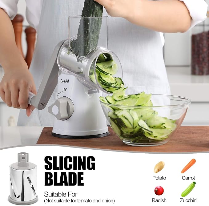 Geedel Rotary Cheese Grater Hand Crank, Cheese Shredder Vegetable Slicer | 3 Blades, 430 Stainless Steel, 12x Fast Cutting, Strong Suction Base, No BPA, Dishwasher Safe, for Cheese, Veggie, Nut