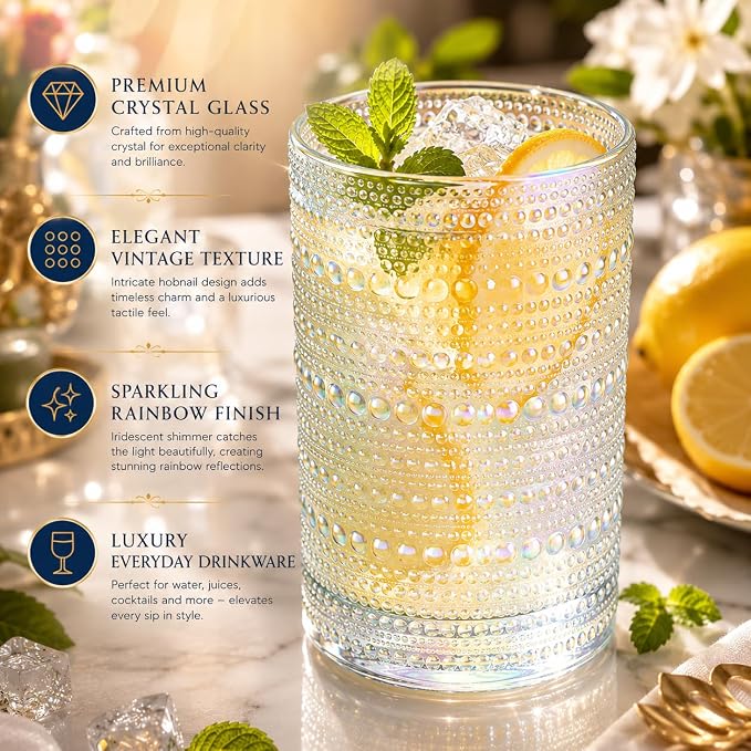 Hobnail Beaded Highball Drinking Tumbler Glasses | Set of 6 | Iridescent Pearl Vintage Bubble Design Glassware, Old-Fashioned, Embossed Design, Water, Wine, Cocktail Embossed Heavy Glass, Rocks Glass