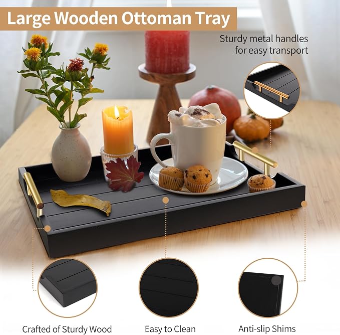 SXNOWS Wood Serving Tray with 2 Sets of Handles,Black | Rectangle 16.5x13 Inch Ottoman Decorative Tray Platter for Coffee Table Living Room Bar Home Decor, 4 Coasters Included
