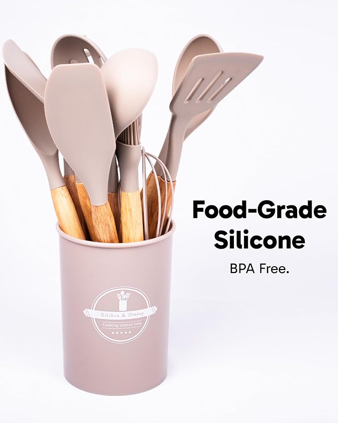 Dusico® Silicone Cooking Utensils Set of 12 Pcs with Wood Handles. Heat Resistant Kitchen Utensils for Nonstick Cookware, BPA Free Silicone Spatula Set & Cooking Spoons, Kitchen Gadgets (Beige)