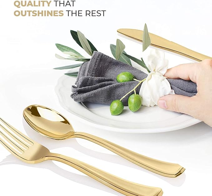 Gold Plastic Silverware Set (160 Bulk Pack) Disposable Cutlery Utensils, 80 Forks, 40 Knives, 40 Spoons, Heavy Duty Flatware For Holidays, Parties, Dinners, Weddings, and Occasions