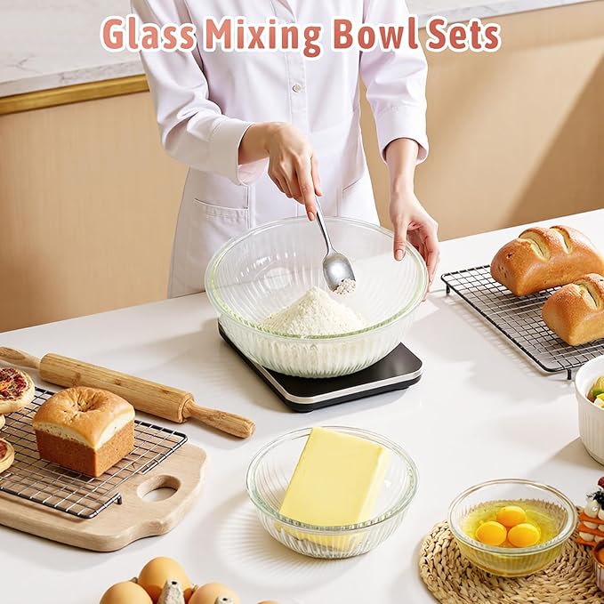 Glass Mixing Bowls with Lids Sets, 5 PCS Glass Bowls for Kitchen service | For Baking, Meal Prepping and Salad, Bpa Free, Microwave, Dishwasher and Oven Safe Serving Bowls, 0.2/0.5/1.1/2.1/3.7Qt