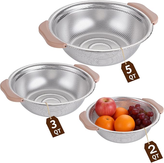 Colander Set with Plastic Handles, Stainless Steel Micro-Perforated Colanders Strainers for Draining Rinsing Washing, Ideal for Pasta Vegetables Fruits, Heavy Duty & Dishwasher Safe