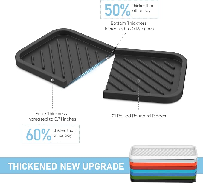 Kitchen Sink Organizer Tray,Sponge Holder for Kitchen Sink Bathroom（Black） | Counter Tray Sponge Caddy Silicone Soap Holder for Soap Dispenser, Bottle, Dishwashing Accessories(2-Pack)