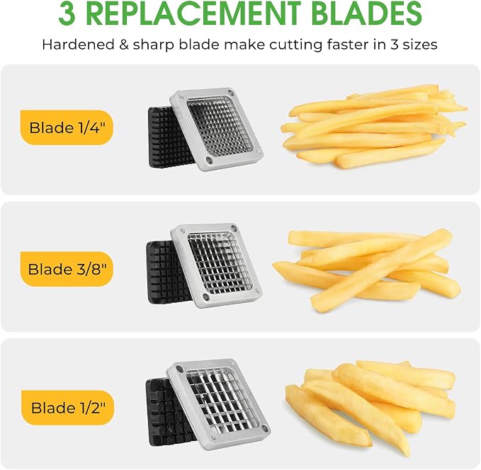 Commercial Vegetable Chopper & French Fry Cutter, 3-Blade Dicer | 1/4", 3/8" & 1/2" blades, aluminum alloy frame, 420 stainless steel cutters, non-slip feet for stability, fast uniform prep