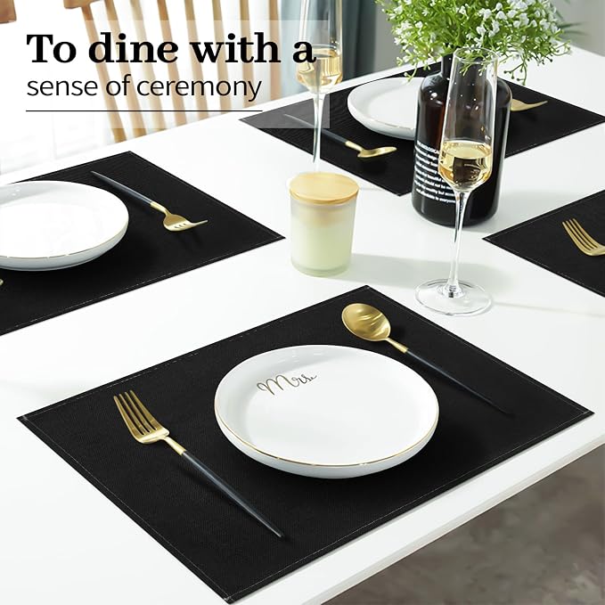 Black Placemats Set of 8, 12x18 Inch Faux Linen Table Mats | Heat Resistant and Washable Design, Easy to Clean Surface for Dining Rooms, Kitchens, Outdoor Parties and Everyday Home Decor