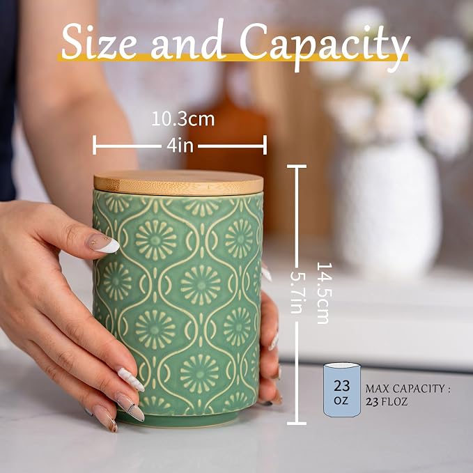 TEATALK Ceramic Canister with Airtight Lid, Perfect for Coffee, Sugar, Tea Storage, 23 Fl Oz, Green