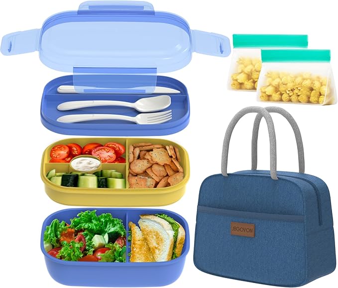 JBGOYON Leakproof Bento Box & Insulated Lunch Bag Set, 4-Piece, Blue | 6-hour thermal retention, includes nested knife fork spoon, 2 reusable snack pouches, designed for adults and kids