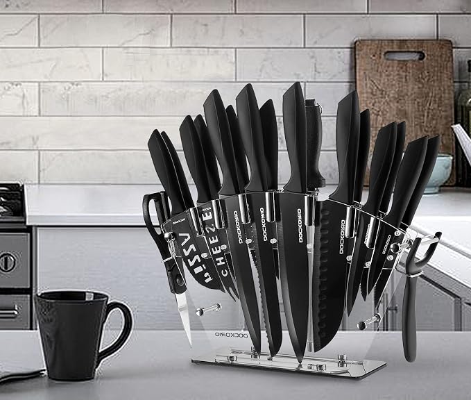 Kitchen Knife Set 19 Piece with Block High Carbon Stainless | 19 piece black knife set with block, high carbon stainless steel, steak knives, chef knife, bread knife, scissors & sharpener