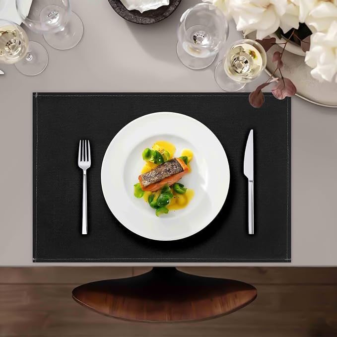 Black Placemats Set of 8, 12x18 Inch Faux Linen Table Mats | Heat Resistant and Washable Design, Easy to Clean Surface for Dining Rooms, Kitchens, Outdoor Parties and Everyday Home Decor