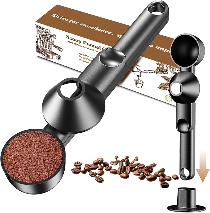 Coffee Scoop with Funnel for Ground Coffee, Protein Powder & Tea, 2 Tbsp | Mess-Free Scoop Funnel for Reusable K-Cup, Countertop Design for Home & Office, Handy Long Handle, Easy to Clean, 1-Pack