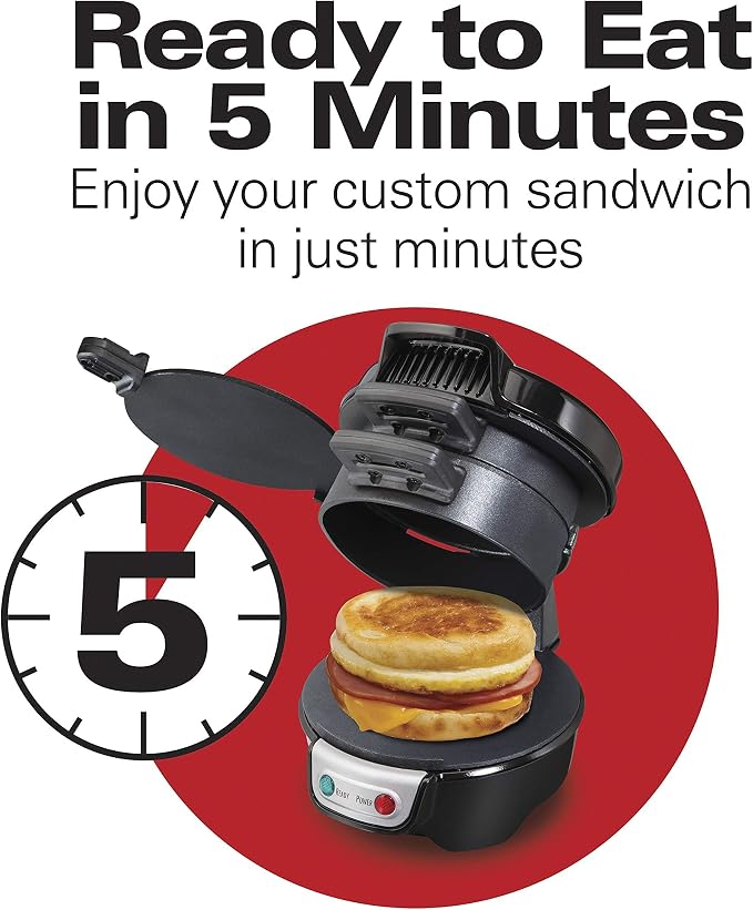Hamilton Beach Breakfast Sandwich Maker with Egg Cooker Ring | Perfect for English Muffins, Croissants, Mini Waffles | Customizable & Fast | PFAS-Free | Black | 25477MN