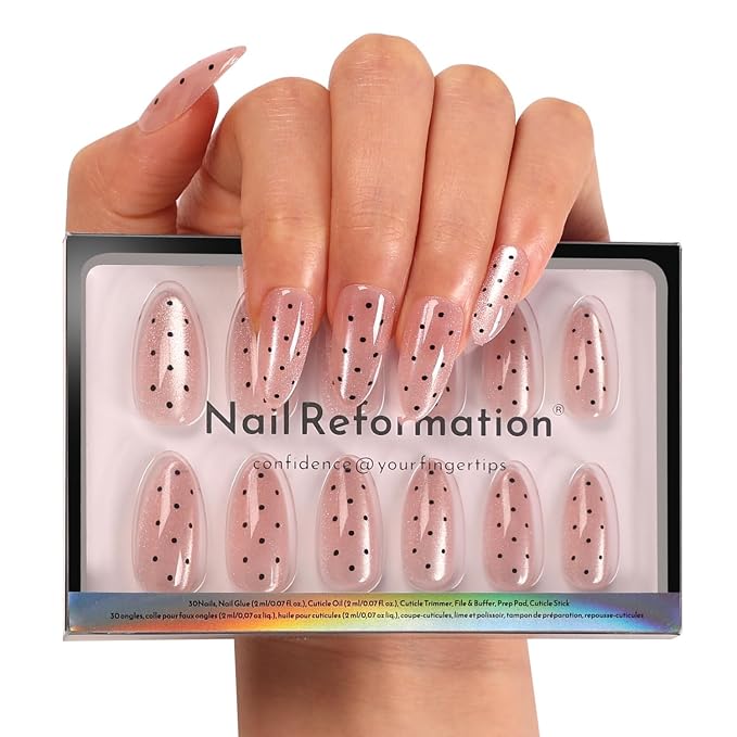 Nail Reformation Press On Nails, Watermelon Seeds | Polka Dot Medium Almond | Fake Nails with Black Dot on Rosy Pink Base, Glossy Reusable Stick On Nails Kit 30 Pcs in 15 Sizes, Manicure Gifts for Women