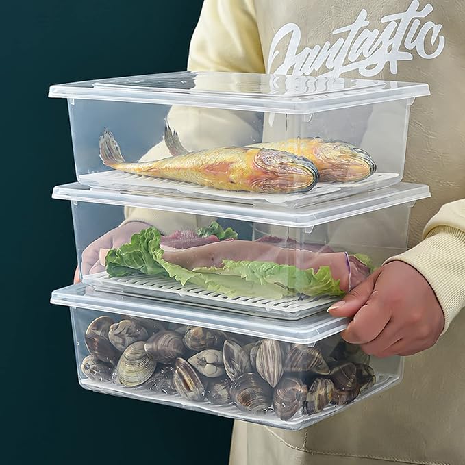 4PCS Food Storage Container, Plastic Food Containers X-Large | [With Removable Drain Plate and Lid], [Stackable Portable Freezer Storage Containers]-Tray to Keep Fruits, Vegetables, Meat