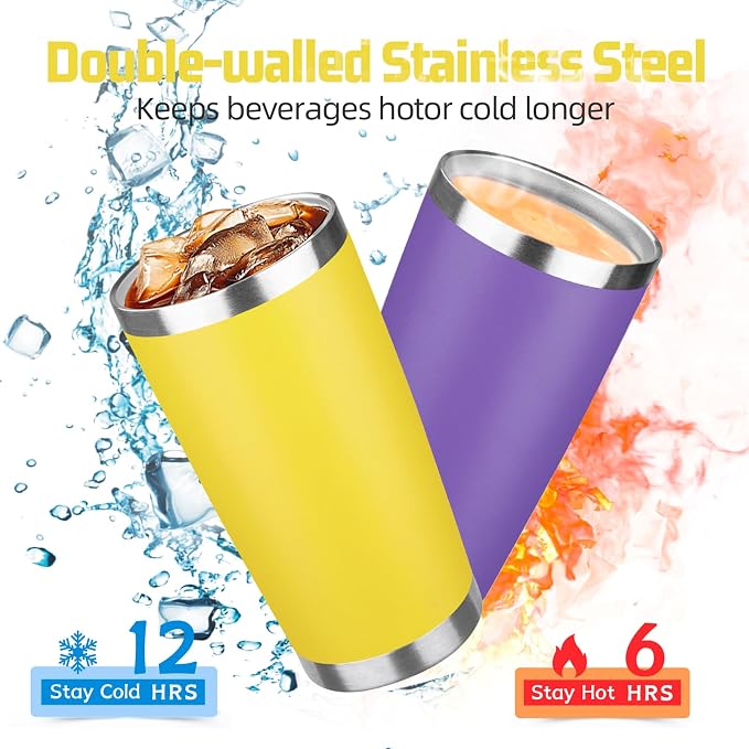 20 oz Tumbler with Lids and Straws, Stainless Steel Insulated Travel Coffee Mug, Double Wall Vacuum Insulated Tumblers, Powder Coated Coffee Tumbler for Cold & Hot Drinks (Yellow, 4 Pack)