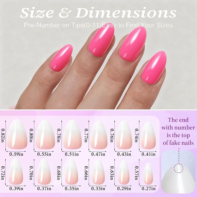 Pink Press On Nails Almond -Short Press On Nails with Nail Glue | Short Almond Fake Nails,Hand-Applied UV Finish, Salon Quality Nails in 12 Sizes - 24 Nail Kit with Glue