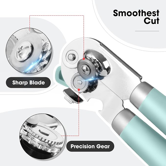 Beneno Heavy Duty Hand Can Opener Manual with Magnet Lid Remover, Mint | Razor-Sharp Carbon Steel Blade, Precise Smooth Cutting Gear, Big Effort-Saving Knob, Soft Grip Handle, Built-in Bottle Opener