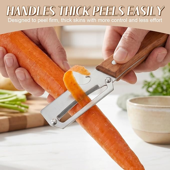 2026 Upgrade Vegetable Peeler With Wooden Handle, Stainless Steel Wide Blade Potato and Carrot Peeler, 3-in-1 Veggie Peeler With Scallion Shredder and Bottle Opener for Kitchen, Camping and Travel