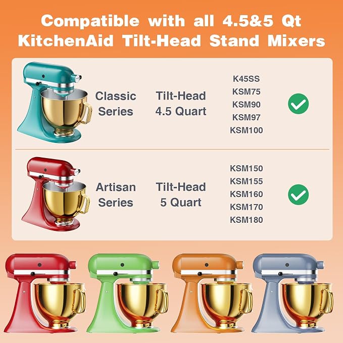 Stainless Steel Mixer Bowl for KITCHENAID TILT-HEAD 4.5-5 Qt Mixer | Anti-slip handle & Prominent Clasp, 5 QT Food-Grade Stainless Steel Polished, Gold
