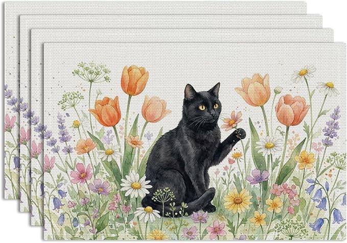 Black Cat Placemats Set of 4, Spring Floral Watercolor Table Mats | Party Kitchen Dining Decor, Washable Non-Slip Heat Resistant Linen Fabric Rectangle Place Mats, Cute Cat Lover Gifts