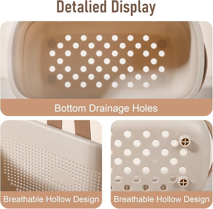 Portable Shower Caddy Basket with Handles Plastic Storage Basket Beige | Sturdy Drainage Large Capacity Organizer Basket with Silicone Handles for Bathroom Kitchen Bedroom College Dorm Essentials