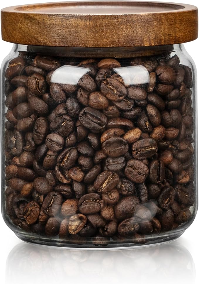 1 PC Small Glass Storage Jars with Airtight Lids, 17 fl oz (500ml) coffee container with Wooden Lid, Glass Pantry Canister for Beans, Rice, Sugar and etc
