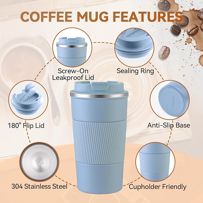 12OZ Travel Coffee Mug Insulated Coffee Cup with Spill Leak Proof Lid, Portable Stainless Steel Tumbler Reusable Hot and Cold Water Mug for Car, Daily, Camping- Light Blue