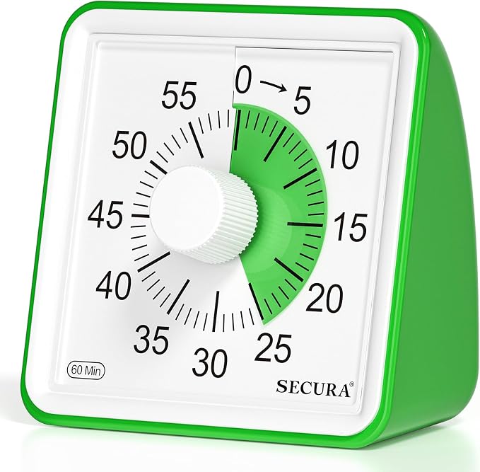 Secura Visual Timer for Kids, 60 Minute Classroom Countdown Timer for Study | Non-Ticking, Adjustable Alarm Volume/Duration, Low Power Reminder, Time Management Tool for ADHD (Green & Green)