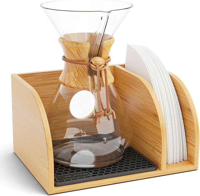 Pour Over Caddy for Chemex Bodum Cosori Coffee Makers Black | Handmade Bamboo Stand, Filter Holder, Heatproof Mat for a Cleaner Coffee Station