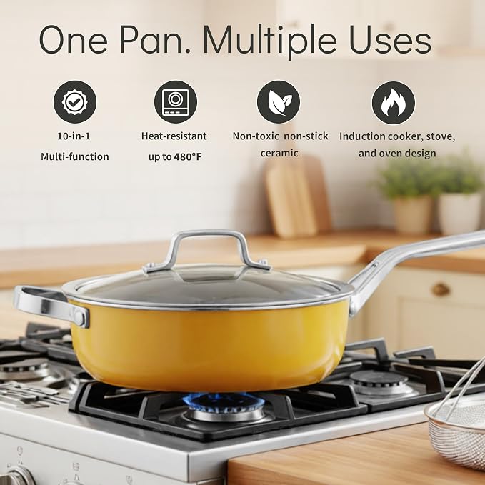 10-in-1 Yellow Ceramic Nonstick Deep Saute Pan Set With Steamer & Lid, 4QT | 10".PFAS-free frying pan.non-toxic. Induction ready. Oven safe to 480°F. Cool-touch handle. Dishwasher safe. Perfect for RVs!